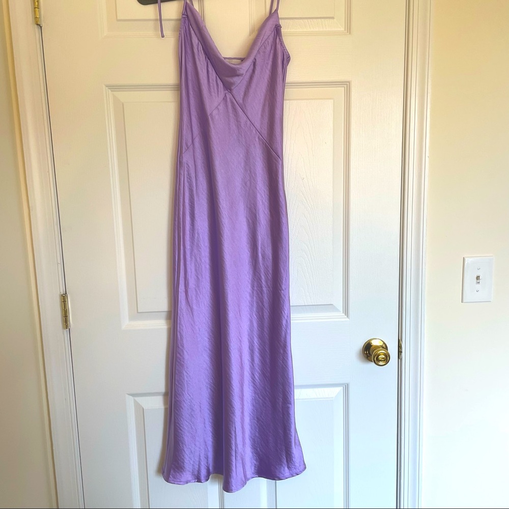 Hello Molly size 2, vibrant purple satin midi dress with tie adjustable straps